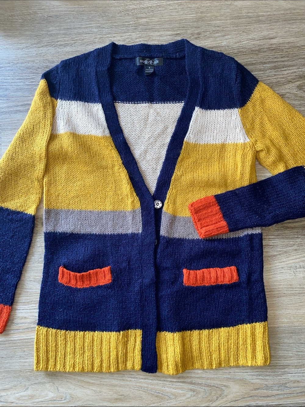 august silk Striped V-Neck Cardigan — Navy, Mustard, Cream & Orange Trim